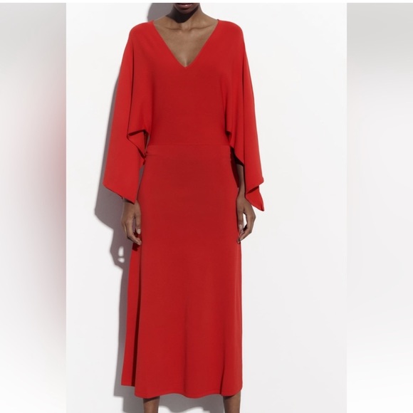 ZARA RED CAPE SLEEVE KNIT DRESS - Picture 7 of 11